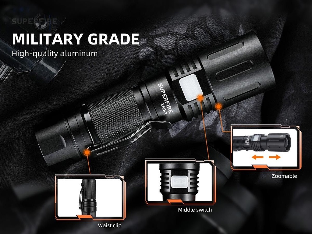 SUPERFIRE X60-T Military Tactical Flashlight Torch 2000 Lumens