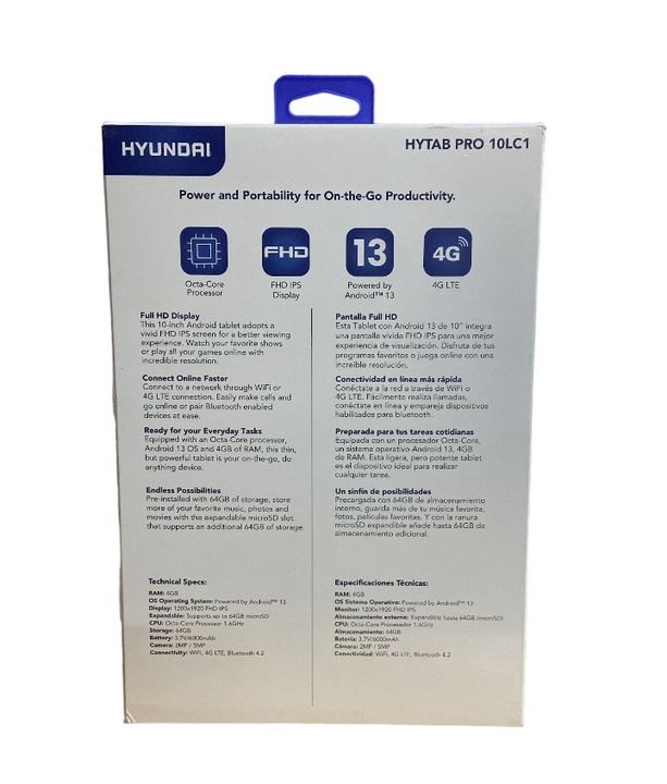 HYUNDAI Tablet Tab 4GB/64GB 10.1 FHD LTE Smart Tablet HYTAB PRO 10LC1