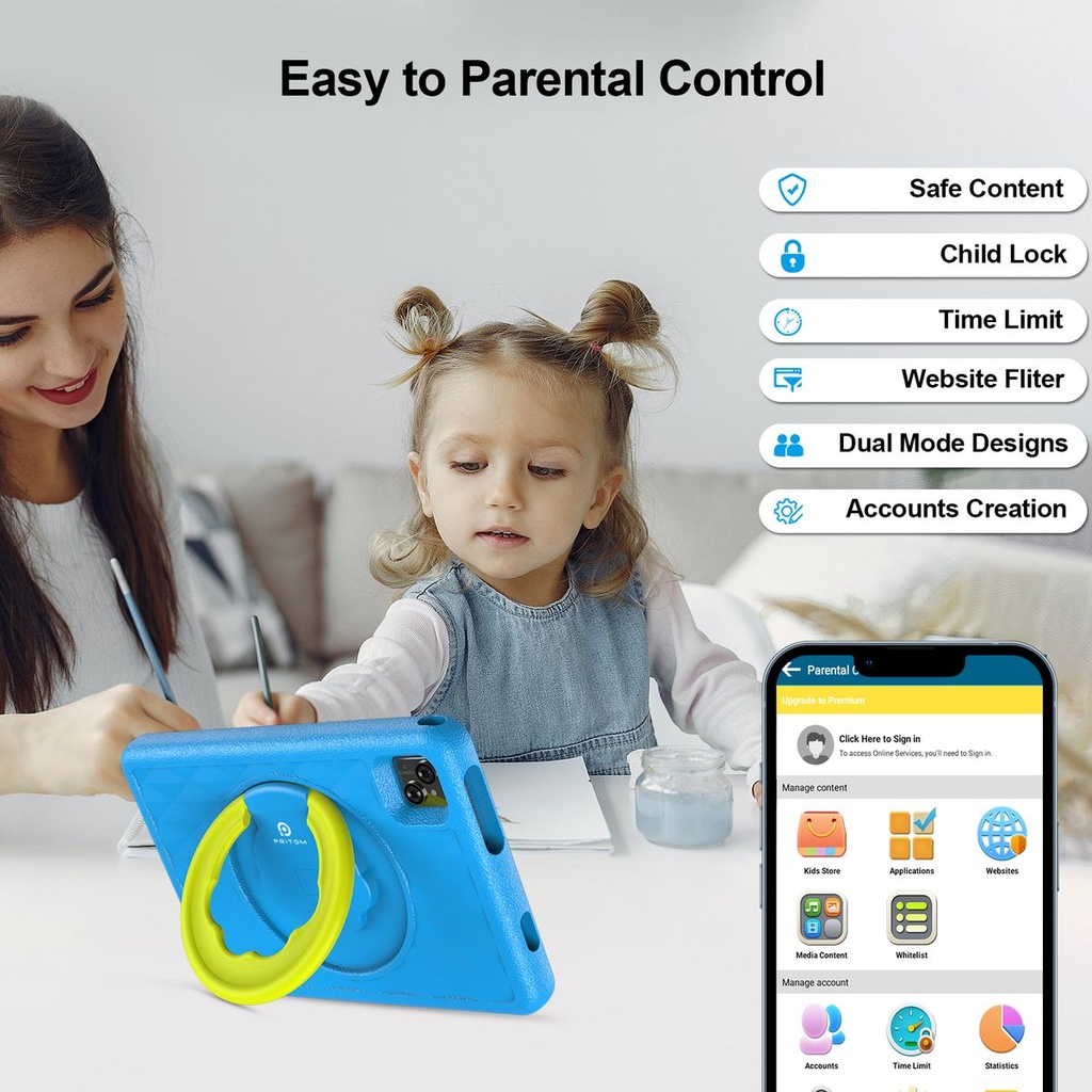 Pritom Smart Tablet for Kids 10 WiFi 4GB RAM 128GB ROM Parental Control