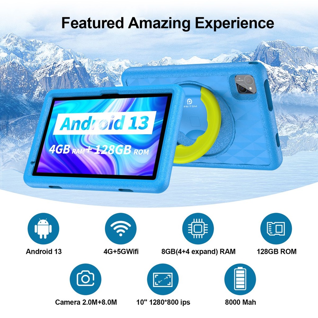 Pritom Smart Tablet for Kids 10 WiFi 4GB RAM 128GB ROM Parental Control