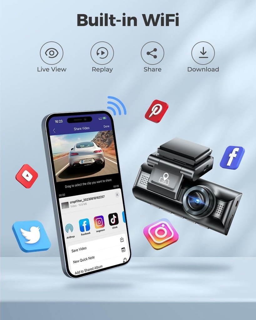AZDOME M550 4K WiFi Dash Camera , 3-Channel, Dual Front/Rear, 64GB Card Cam