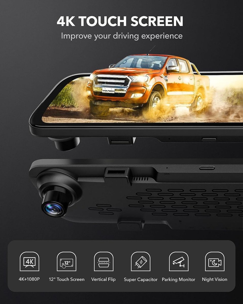 Wolfbox G840S 12 4K Mirror Dash Cam Backup Camera Smart Rearview Mirror