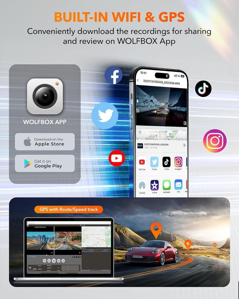 Wolfbox i05 4K Dash Camera with GPS WiFi UHD Dash Cam Front and Rear