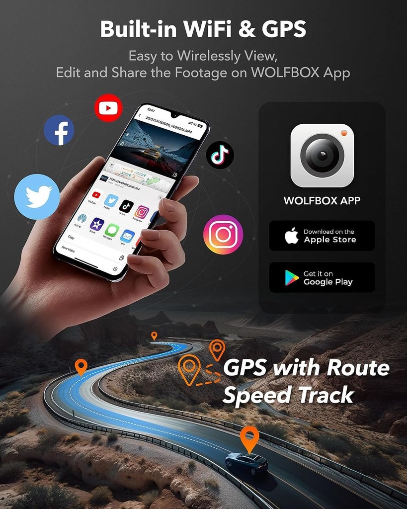 Wolfbox i07 Dash Camera 3 Channel with WiFi GPS 4K with LCD Screen Dash Cam