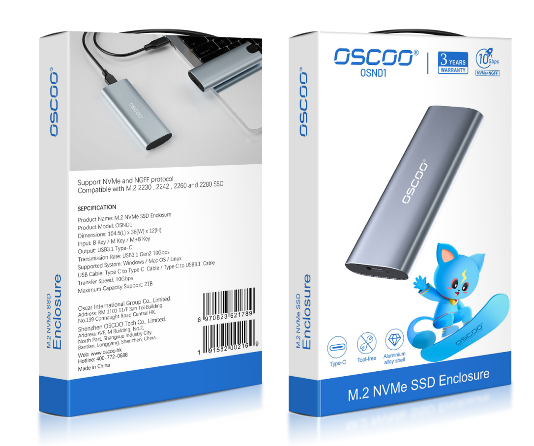 OSCOO M.2 NVMe SSD Enclosure Adapter Aluminum USB C Solid State Drive