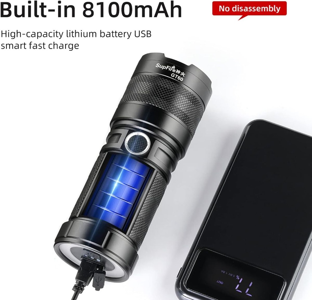 SUPERFIRE GT60 Flashlight Rechargeable 10000 Lumens LED Spotlight Torch