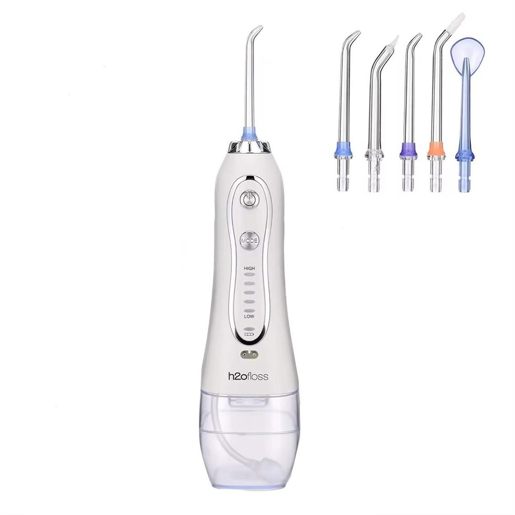H2oFloss Water Flosser for Teeth, Braces – 5 Pieces Jet Tip Nozzle Pack (White) – Rechargeable, Waterproof, Portable
