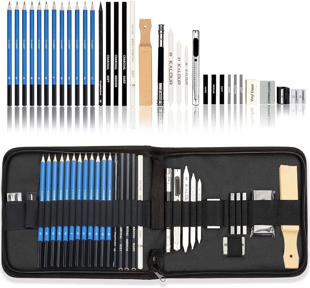 KALOUR 33 Pieces Pro Drawing Kit Sketching Pencils Set,Portable Zippered Travel Case-Charcoal Pencils, Sketch Pencils, Charcoal Stick,Sharpener,Eraser.Art Supplies for Artists Beginner Adults Teens