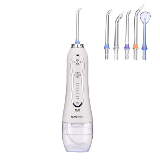 [5900] H2oFloss Water Flosser for Teeth, Braces – 5 Pieces Jet Tip Nozzle Pack (White) – Rechargeable, Waterproof, Portable
