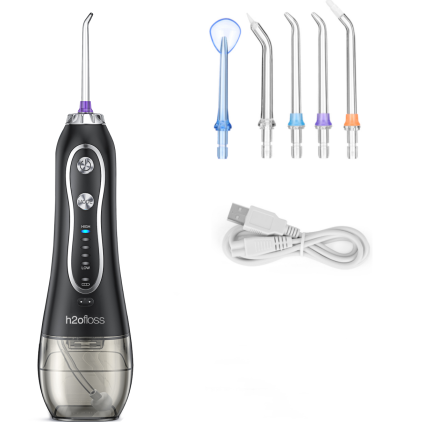 [5432] H2oFloss Water Flosser for Teeth & Braces – 5 Jet Tips, Rechargeable, Waterproof, 5 Modes
