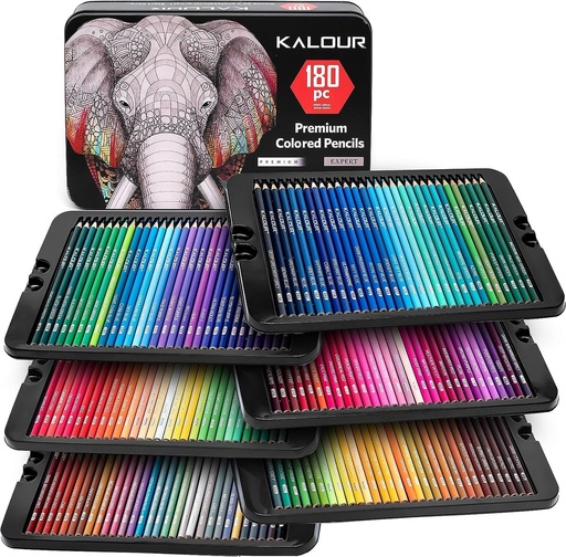 [5438] KALOUR 180 Colored Pencil Set for Adults Artists kids- 3.3mm Rich Pigment Soft Core -12 Metallic Pencil - Wax-Based - Ideal for Coloring Drawing Sketching Shading Blending - Vibrant Color（Tin Case）