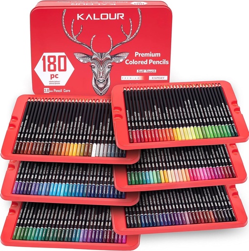 [5437] KALOUR 180 Colored Pencil Set for Adults Artists kids- 3.8mm Rich Pigment Soft Core -12 Metallic Pencil - Wax-Based - Ideal for Coloring Drawing Sketching Shading Blending - Vibrant Color（Tin Case）